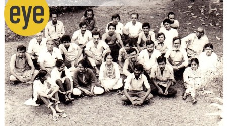 A photograph of artist Gulammohammed Sheikh (bearded, to the right) and his student Vasudevan Akkitham (sitting in front of him) along with others during
their time at Maharaja Sayajirao University. (Courtesy: Department of Painting, Faculty of Fine Arts, MSU)

