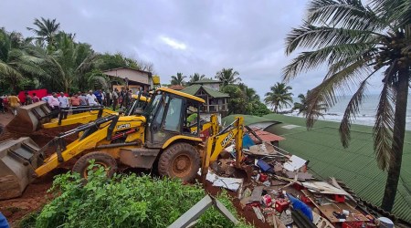 Demolition of 'Curlies' restaurant at Anjuna beach underway for alleged violation of the Coastal Regulation Zone (CRZ) norms, in Goa, Friday, Sept. 9, 2022. The restaurant was in the news recently following the death of BJP leader Sonali Phogat. (PTI Photo)
