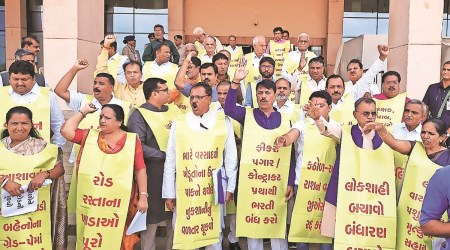 Congress MLAs protest at Vidhan Sabha on Wednesday. (Express Photo)