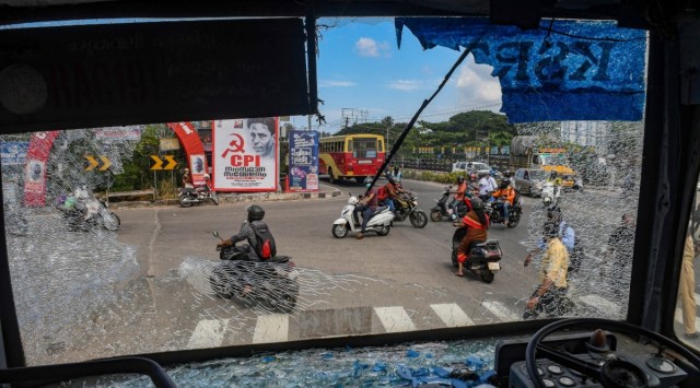 Thiruvananthapuram: Broken windshield of a Kerala State Road Transport Corporation bus after some miscreants threw stones on it, during the 'hartal' called by Popular Front of India (PFI) in protest against the nationwide arrest of its leaders by National Investigation Agency and Enforcement Directorate, in Thiruvananthapuram, Friday, Sept. 23, 2022. (PTI photo)