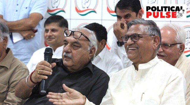 Bhupinder Singh Hooda, Leader of Opposition and Former CM along with Udai Bhan, President, HPCC speaking during a press conference. (Express photo by Jaipal Singh)