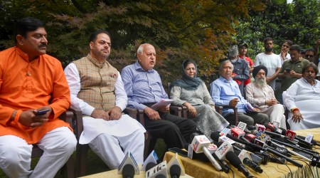 An all-party meeting, in Srinagar on Aug. 22, 2022.  The meeting was called to discuss the issue of non-local voters.  (PTI Photo/S. Irfan) 