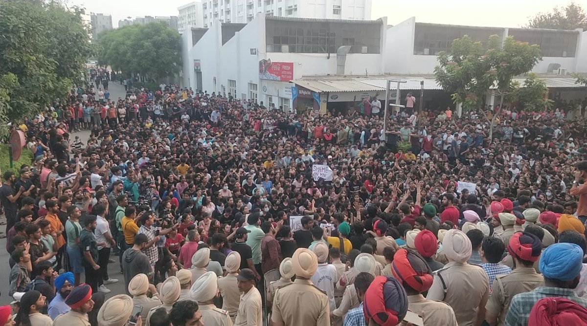 Students protest at Chandigarh University in Mohali on Sunday. (Express Photo: Jasbir Malhi)