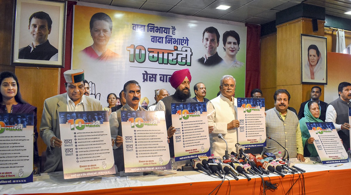 Chhattisgarh Chief Minister Bhupesh Baghel, HP Congress President Pratibha Singh and other leaders launch the party's '10 Guarantees',  during a press conference, Shimla(PTI Photo)   