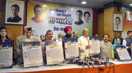 Chhattisgarh Chief Minister Bhupesh Baghel, HP Congress President Pratibha Singh and other leaders launch the party's '10 Guarantees',  during a press conference, Shimla(PTI Photo)   