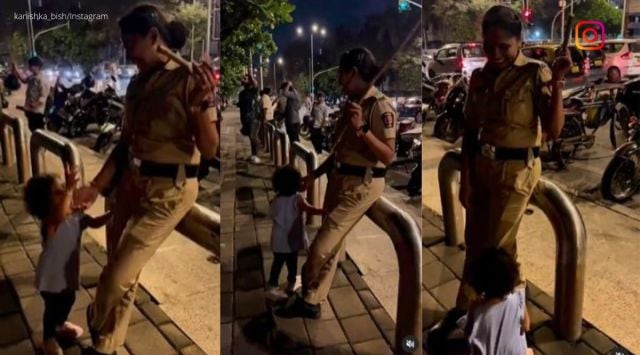 child cries for lathi, child wants policewoman's lathi, little girl wants lathi, police's interaction with child, indian express