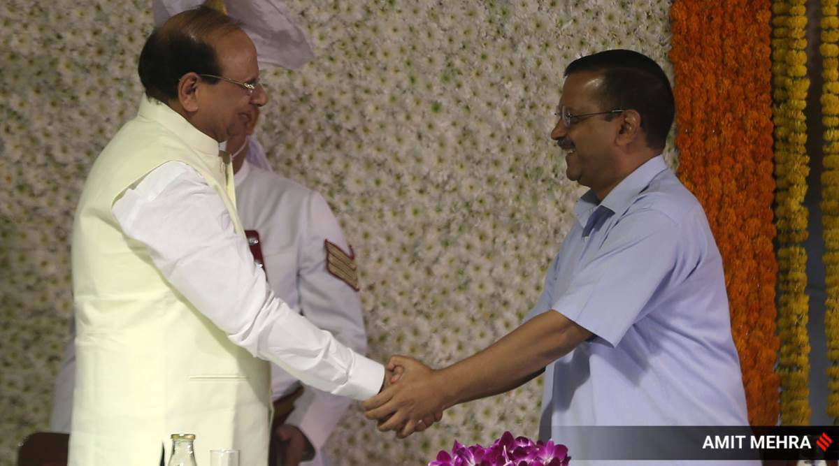 Lt Governor of Delhi Vinai Kumar Saxena with Chief Minister Arvind Kejriwal at Raj Niwas in New Delhi. (Express Photo by Amit Mehra)