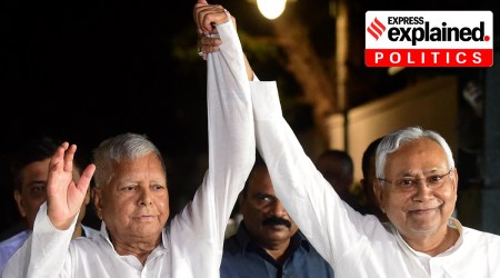 Lalu Prasad, Nitish Kumar in New Delhi on Sunday. Earlier in the day, Nitish had addressed a rally organised by the INLD, at which Tejashwi Yadav was present. (PTI)