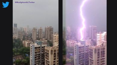 Lightning struck Borivali West, Lightning strikes a building in Mumbai, Viral video lightening strikes building in Mumbai, Lightening strikes building gets averted by the lightning conductor, Mumbai lightening incident, Indian express