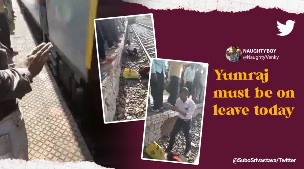 Man survives after falling near running train, viral video man survives after falling on railway track, man left unharmed after falling near running train, Bharthana railway station, Indian express
