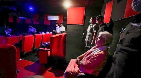 Jammu and Kashmir Lieutenant Governor Manoj Sinha during inauguration of multipurpose cinema halls at Pulwama and Shopian. (PTI Photo)