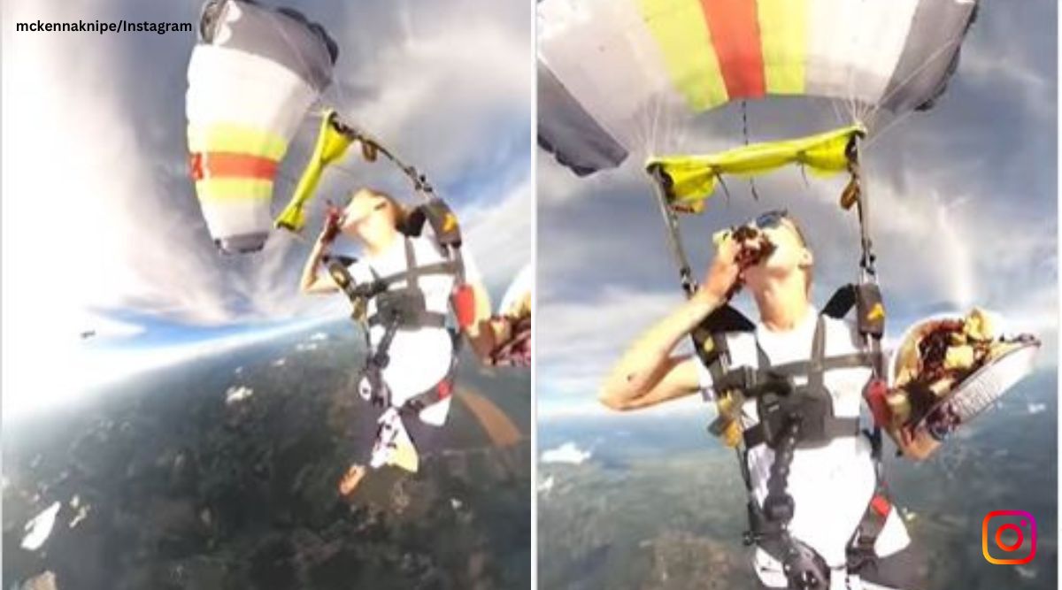 eating pizza while skydiving, skydiving video, woman skydives and eats pizza, indian express