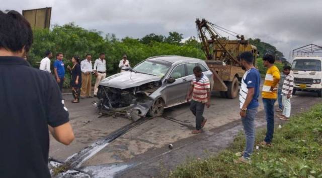 The SUV in which Cyrus Mistry was travelling is towed away, in Maharashtra’s Palghar, Sunday. (ANI Photo)
