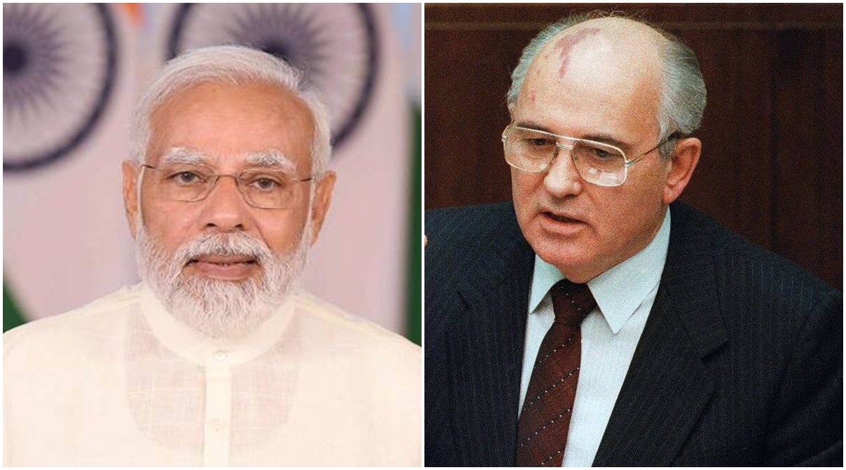 Prime Minister Narendra Modi (L), late Russian president Mikhail Gorbachev (R) (Photo-Express/Reuters)