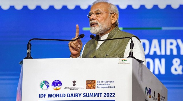 Prime Minister Narendra Modi addresses the inauguration of the International Dairy Federation World Dairy Summit (IDF WDS) 2022, at India Expo Centre & Mart in Greater Noida, September 12, 2022. (PTI)