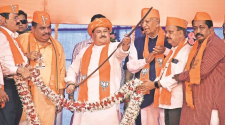 BJP national president JP Nadda at a party event in Rajkot on Tuesday (Express Photo)
