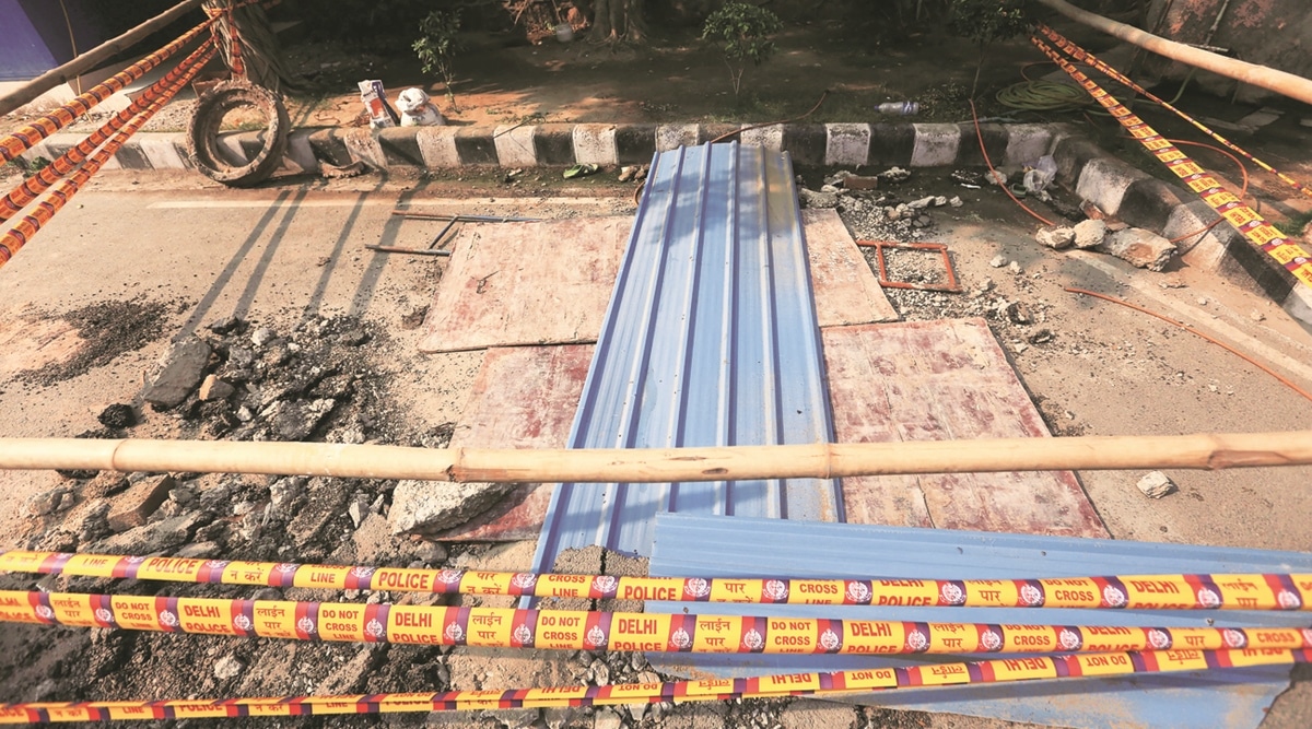 The incident took place on Friday afternoon at a DDA apartment complex at Loknayak Puram. (Express Photo by Gajendra Yadav)