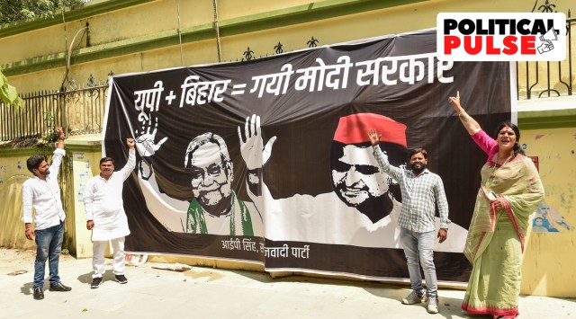 A banner of Bihar Chief Minister Nitish Kumar and Samajwadi Party (SP) President Akhilesh Yadav outside SP headquarters in Lucknow. (PTI)