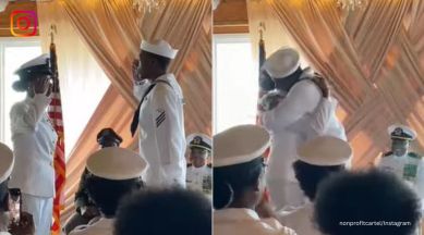 son relieves mom, mother relieved by son, emotional moment, navy, navy officer, indian express