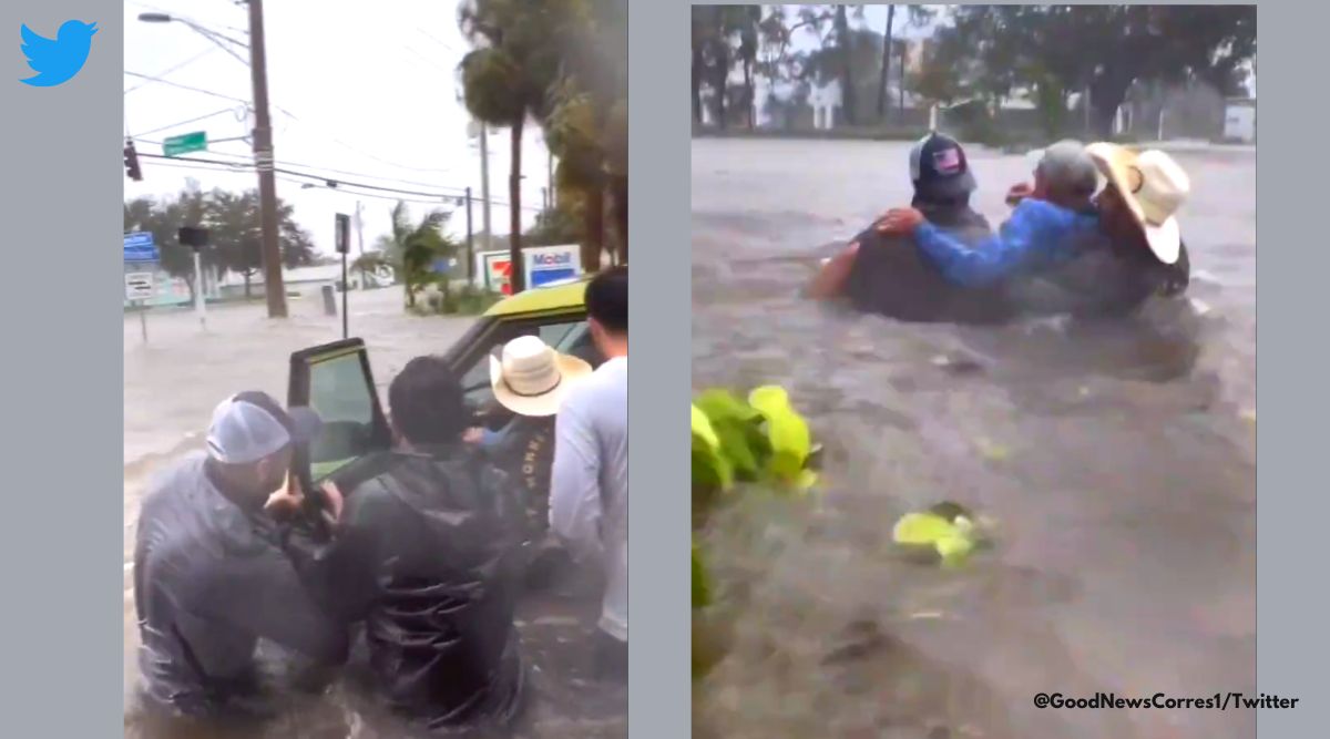 Hurricane Ian, Hurricane Ian rescue video, Old man saved from drowning as his car gets tapped flood, viral rescue video, old man saved from sinking car Naples Florida, indian express