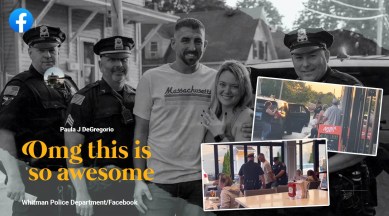 Man proposes to girlfriend after getting arrested, Whitman Police Department helps man with proposal, fake arrest marriage proposal, police help man with proposal by arresting him, viral marriage proposal, Indian Express