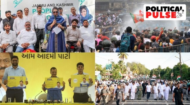(Clockwise)  PDP president Mehbooba Mufti, BJP protest in West Bengal, Arvind Kejriwal, and Rahul Gandhi during Bharat Jodo Yatra. 