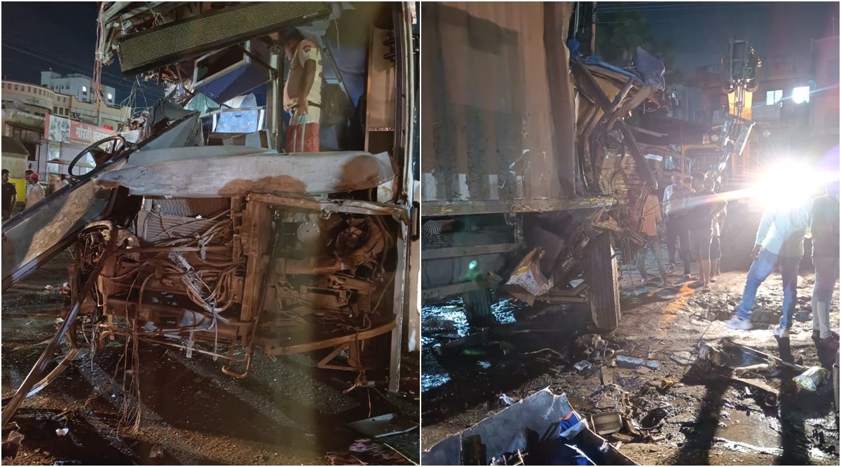 A Maharashtra State Road Transport Corporation (MSRTC) Shivshahi bus collided with a container at Uruli Devachi on the Pune-Saswad road in the early hours of Monday.