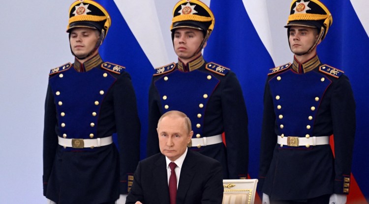 Russian President Vladimir Putin attends a ceremony to declare the annexation of four Russian-controlled territories of Ukraine in Moscow, Russia, Sept. 30, 2022. (Sputnik/Grigory Sysoyev/Pool via Reuters)