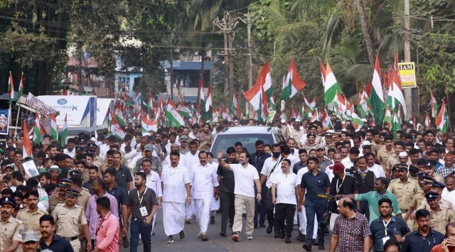 Rahul during the Bharat Jodo Yatra in Kerala on Tuesday. (PTI)