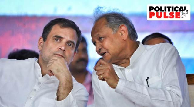 Congress leader Rahul Gandhi interacts with Rajasthan CM Ashok Gehlot during a Parivartan Sankalp rally in Ahmedabad on September 5. (Express file photo by Nirmal Harindran)