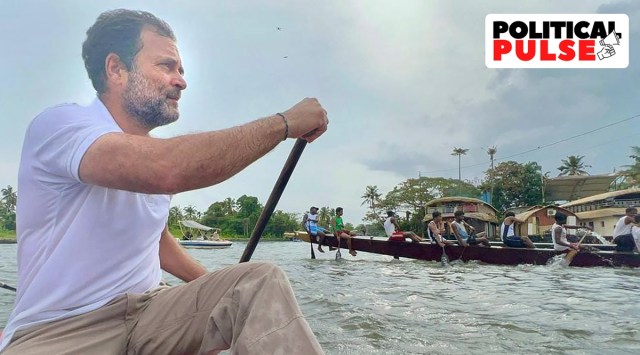 Congress leader Rahul Gandhi participates in a snake boat race exhibition in Punnamada Lake of Kerala, Monday, Sept. 19, 2022. (PTI)