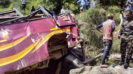 Rescue operation underway after a passenger bus fell into a gorge, in Manjakote area in Rajouri district, Sept. 15, 2022. (PTI Photo)