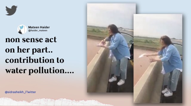 Pakistan actor Resham, Pakistan actor faces backlash for pollution, Resham throws plastic in river, Actor Resham faces outrage after throwing plastic in water, Floods in Pakistan actor resham, Water pollution single use plastic, Indian express