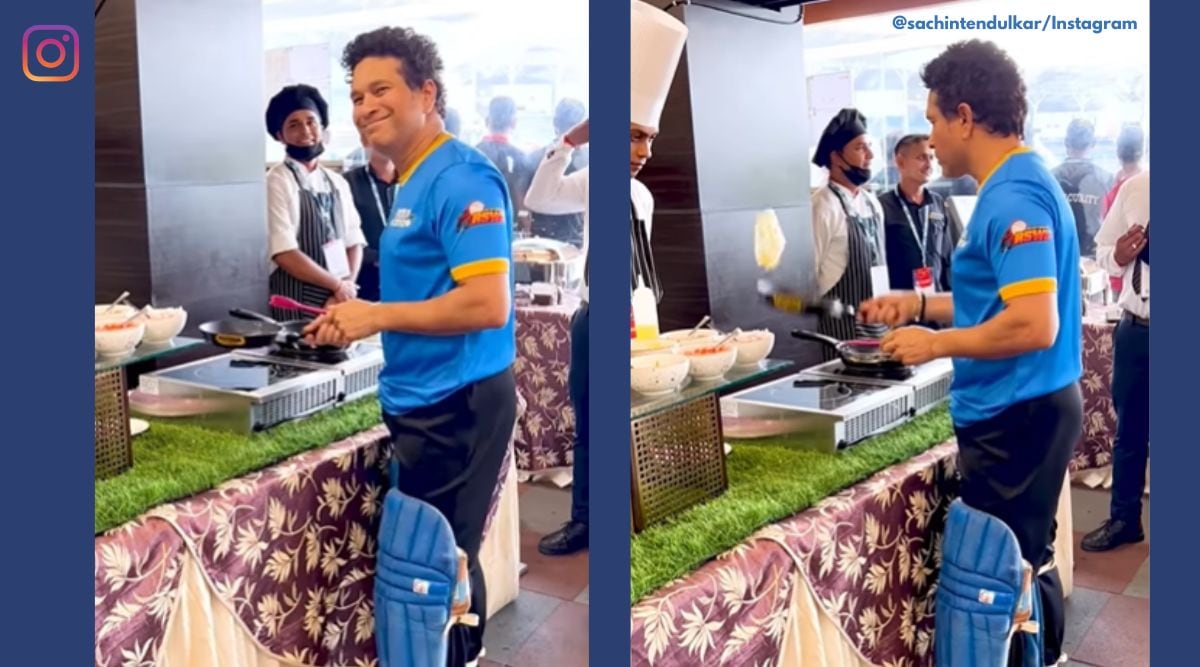 Sachin Tendulkar, Sachin Tendulkar egg flip, Sachin Tendulkar cooking skill, Sachin Tendulkar cooking video, viral video Sachin Tendulkar omelet flip, Indian express