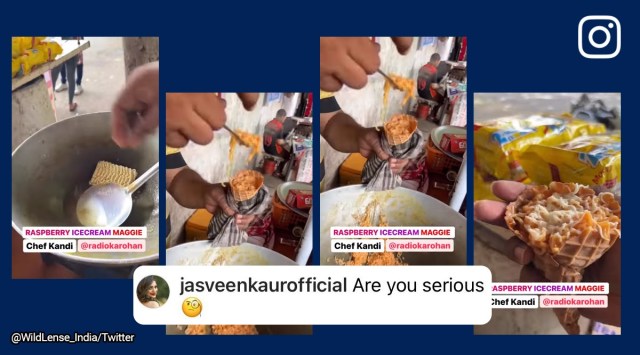 street vendor, Maggi, raspberry ice cream dolly, bizarre food experiment, food blogger, food fusion, viral, trending, Indian Express