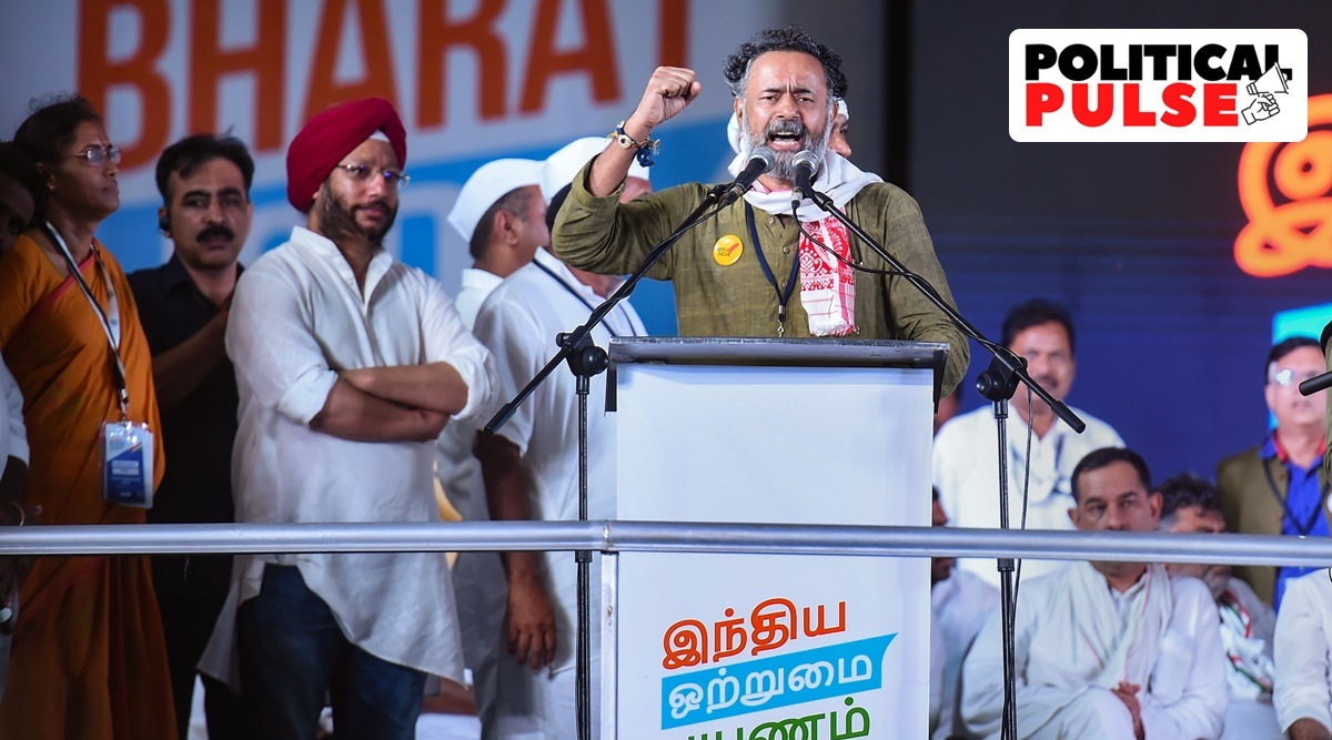 Political activist Yogendra Yadav addresses the launch of Congress' 'Bharat Jodo Yatra', in Kanyakumari. (PTI)