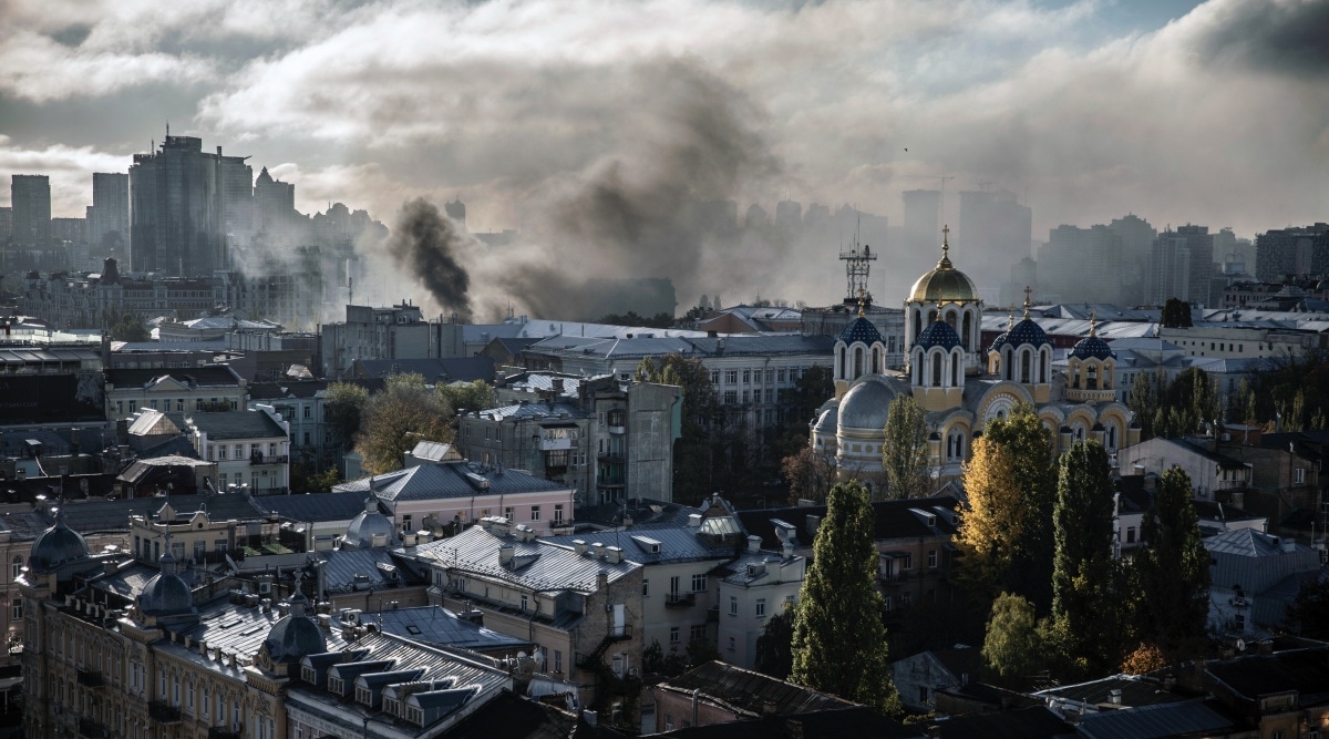 Smoke rises after a Russian missile attack on Kyiv, Ukraine, on Monday, Oct. 10, 2022. (Finbarr O'Reilly/The New York Times)