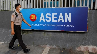 A security officer walks past the Association of Southeast Asian Nations (ASEAN) sign as he guards outside its secretariat building in Jakarta, Indonesia, October 27, 2022. (REUTERS)