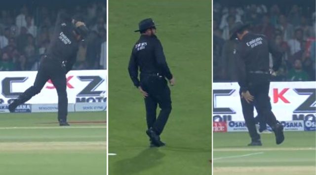 Aleem Dar was hit on the back thigh by Haider Ali during the 6th T20I between Pakistan and England in Lahore. (screengrab)