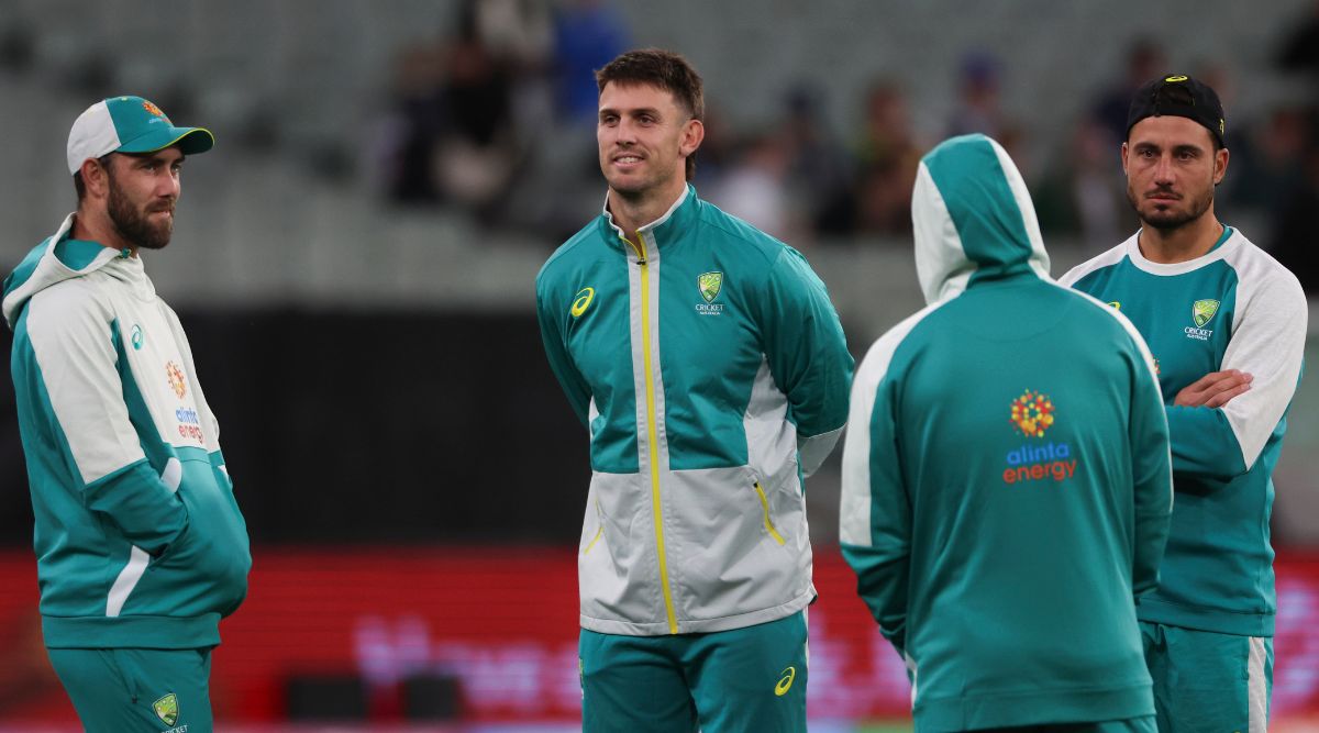 Australian players from left, Glenn Maxwell, Mitchell Marsh, Matthew Wade and Marcus Stoinis, right, wait on the field. (AP)