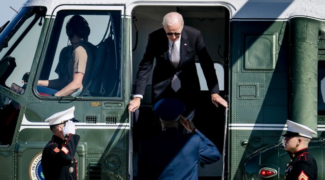 President Joe Biden disembarks from Marine One at Joint Base Andrews, Md. on Thursday, Oct. 6, 2022. President Biden said on Thursday the world may be facing “the prospect of Armageddon” if President Vladimir V. Putin of Russia uses a tactical nuclear weapon. (Erin Schaff/The New York Times)