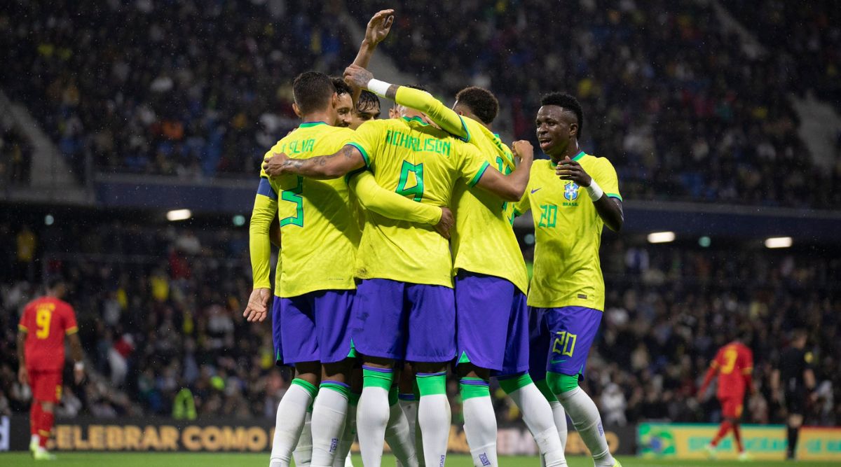 Brazil Home 2022 World Cup Football Jersey And Shorts In India.