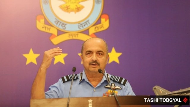 IAF Chief, Air Chief Marshal Vivek Ram Chaudhari addresses a presser on the occasion of the 90th Air Force day in New Delhi on Tuesday. Express Photo by Tashi Tobgyal