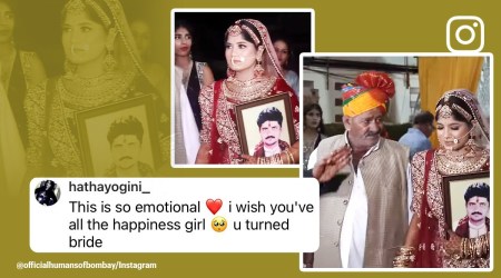 Bride walks to mandap with father's portrait, father-daughter bond, marriage, wedding, Indian wedding, emotional, viral, trending