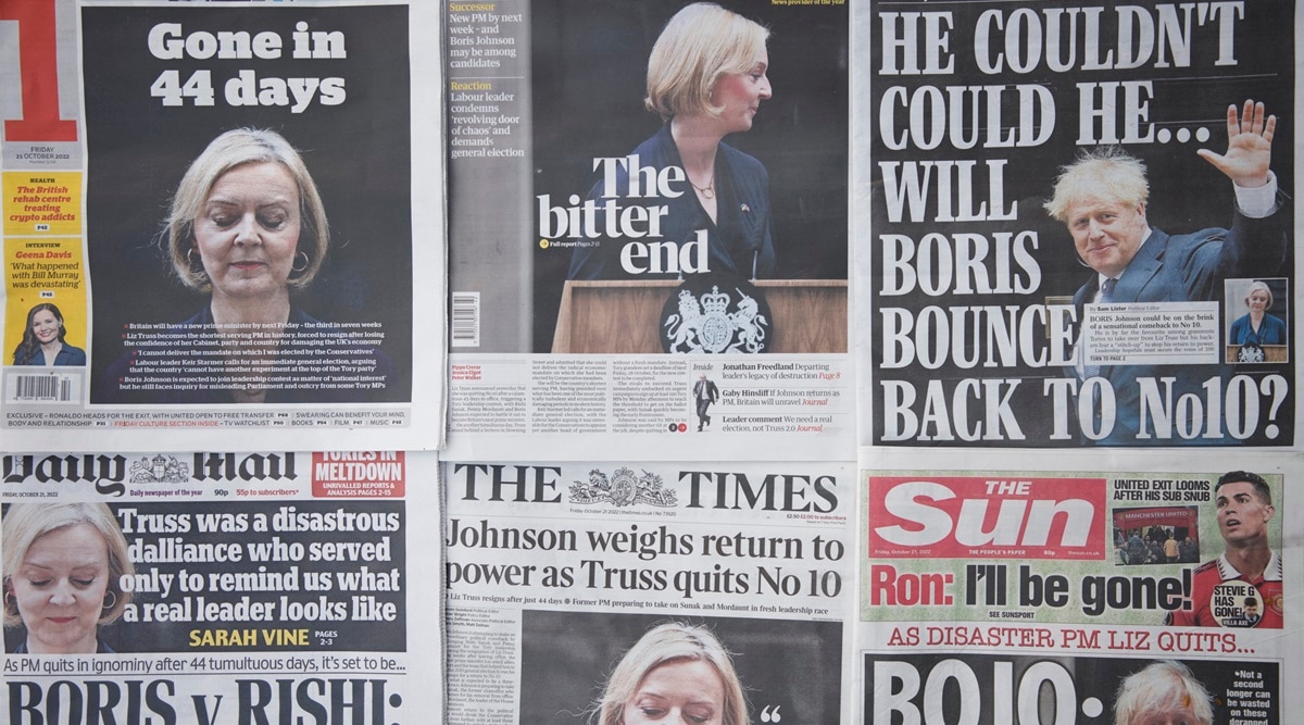 A selection of the front pages of British national newspapers showing the reaction the the resignation of Prime Minister Liz Truss, in central London, Friday, Oct. 21, 2022. (AP Photo/David Cliff)