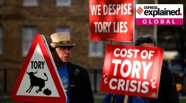 Demonstrators protest opposite parliament against the UK's Conservative Party