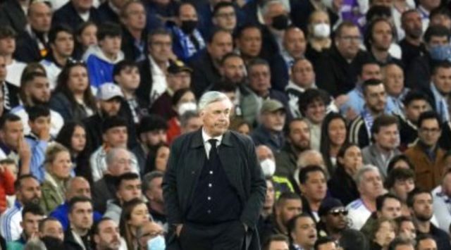 Real Madrid's head coach Carlo Ancelotti reacts during the Champions League semi final, second leg soccer match between Real Madrid and Manchester City at the Santiago Bernabeu stadium . (AP)