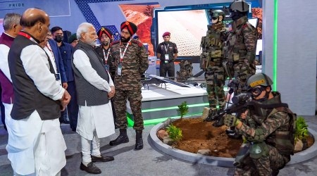 Prime Minister Narendra Modi with Defence Minister Rajnath Singh and others at the inauguration of the DefExpo 22, at Mahatma Mandir Convention and Exhibition Centre in Gandhinagar, Wednesday, Oct. 19, 2022. (PTI Photo)