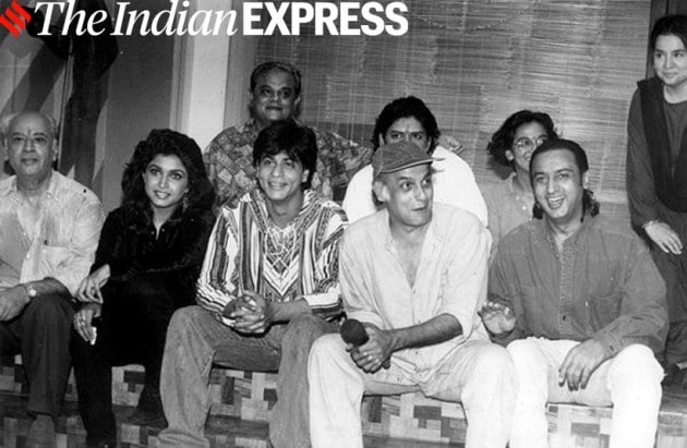 Director Yash Johar, Ramaiah, Robin Bhatt, Shahrukh Khan, Mahesh Bhatt, Gulshan Grover and Farida Jalal at the launching of Dharma Productions film on August 21, 1995 at Mehboob Studio.Express archive photo