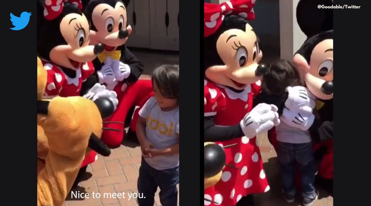 Disney characters use ASL for deaf boy, American sign language, Young boy surprised by Disney characters who greet him in ASL, Disney characters greet deaf boy in sign language, viral video deaf boy speaks to Disney Mickey mouse in sign language, Indian express